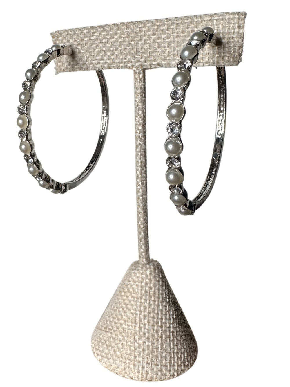 5/$25 😻 Silver-tone Faux Pearl & Crystal Hoop Earrings - Women Jewelry
